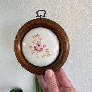 Vintage Hand Painted Rose Ceramic Plaque Wood Frame